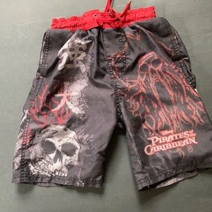 Disney Pirates of the Caribbean Swim Trunks Black & Red Skull Print Elastic Tie